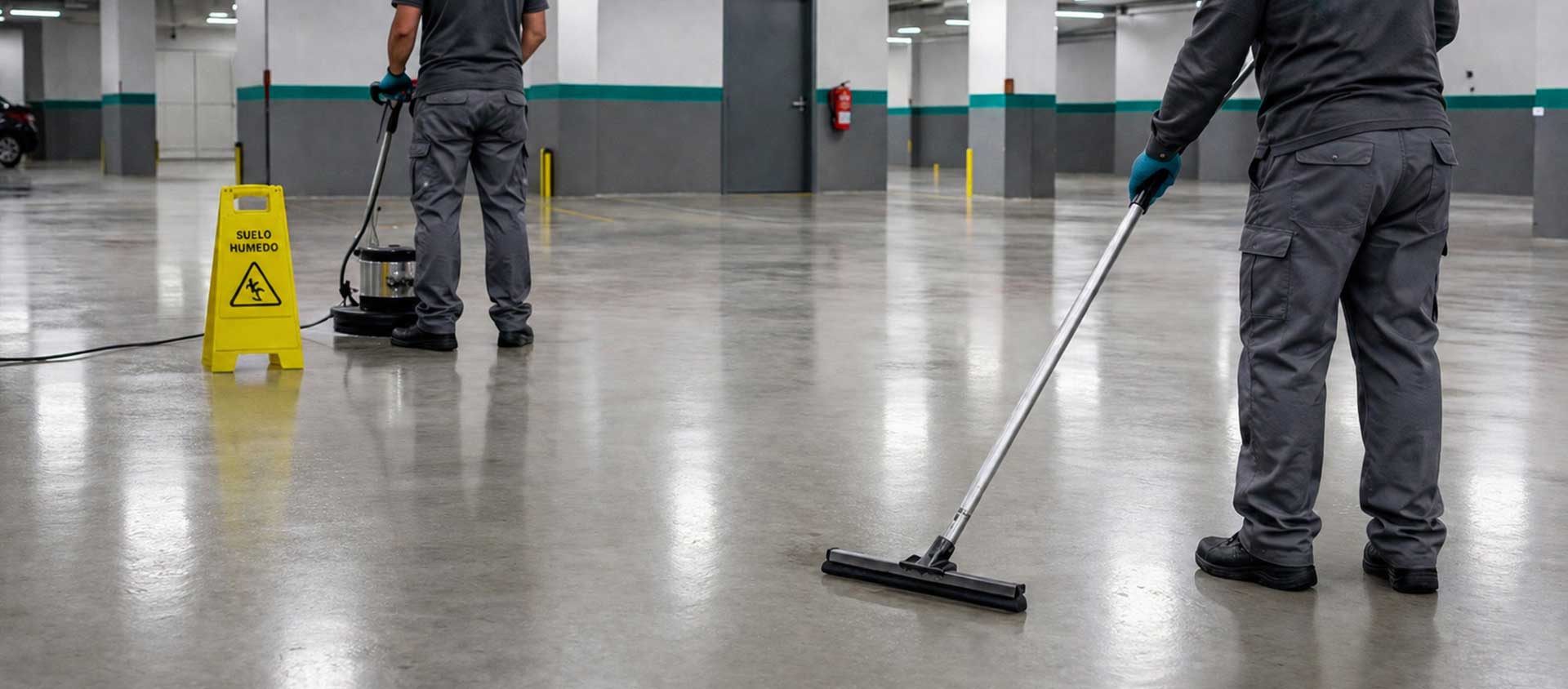 Profesional realizando la limpieza y tratamiento de un suelo.