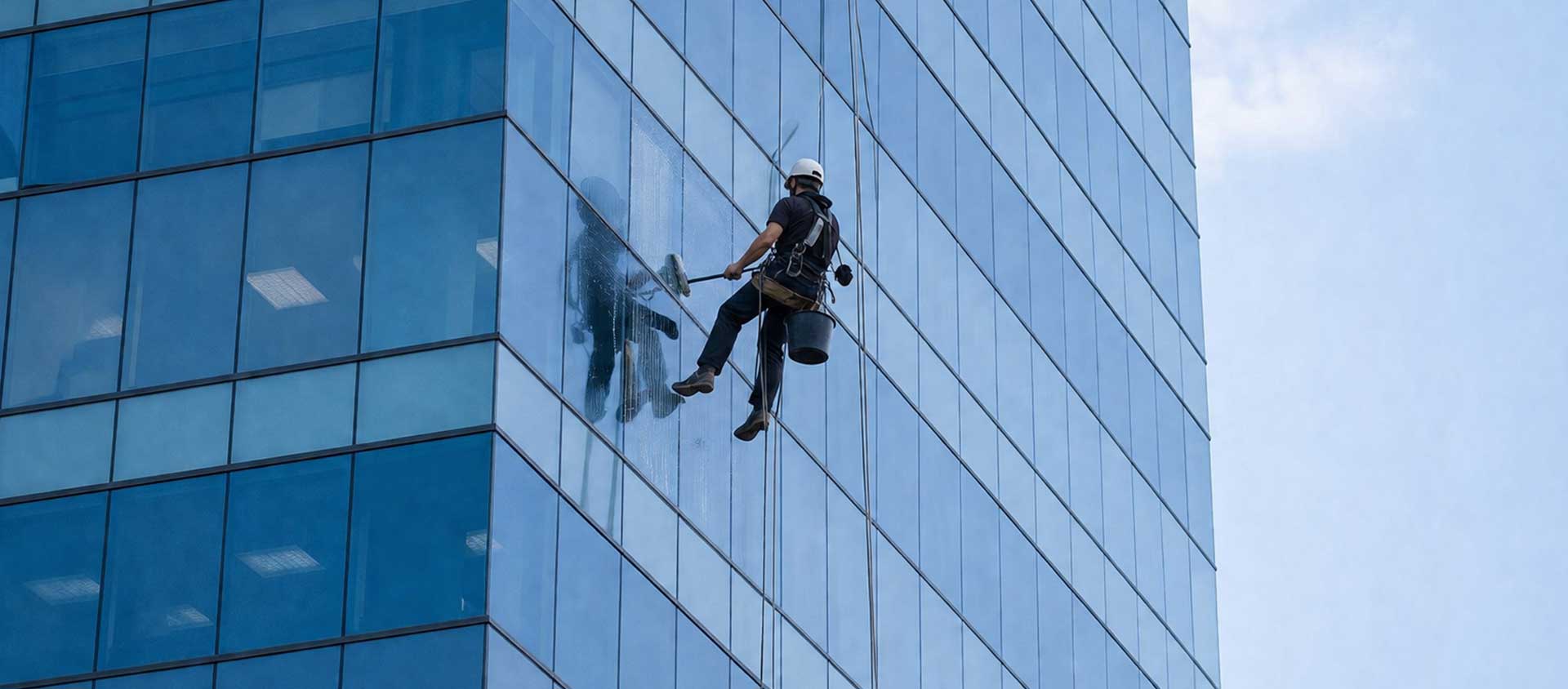 Profesional realizando la limpieza de una fachada acristalada.